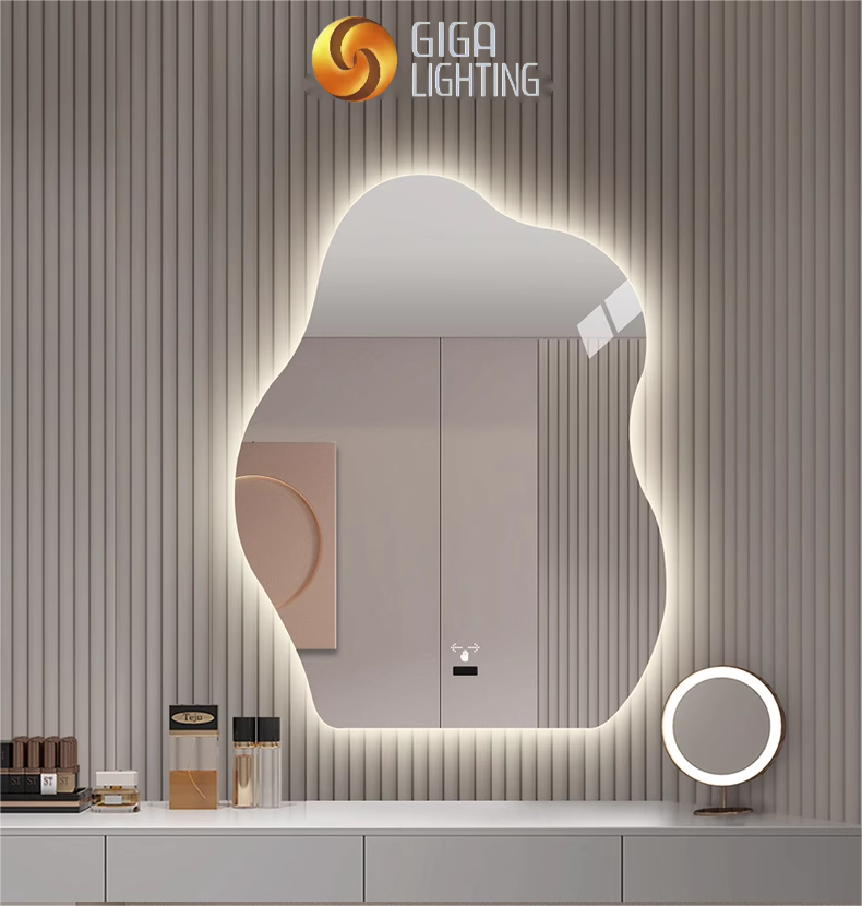 CE-förmige Badezimmerspiegel, beleuchteter intelligenter Spiegel mit Lichtern, kreativer Wolkenspiegel, Waschraum-Wandmontage, unregelmäßig leuchtender Make-up-Spiegel